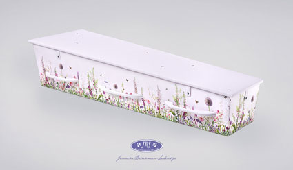licht paarse grafkist met gras en bloemen print aan de zijkant